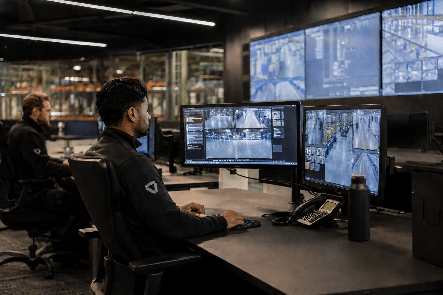 Beveiligingsspecialisten monitoren camerabeelden en video analytics in moderne meldkamer van logistiek distributiecentrum tijdens avonduren.