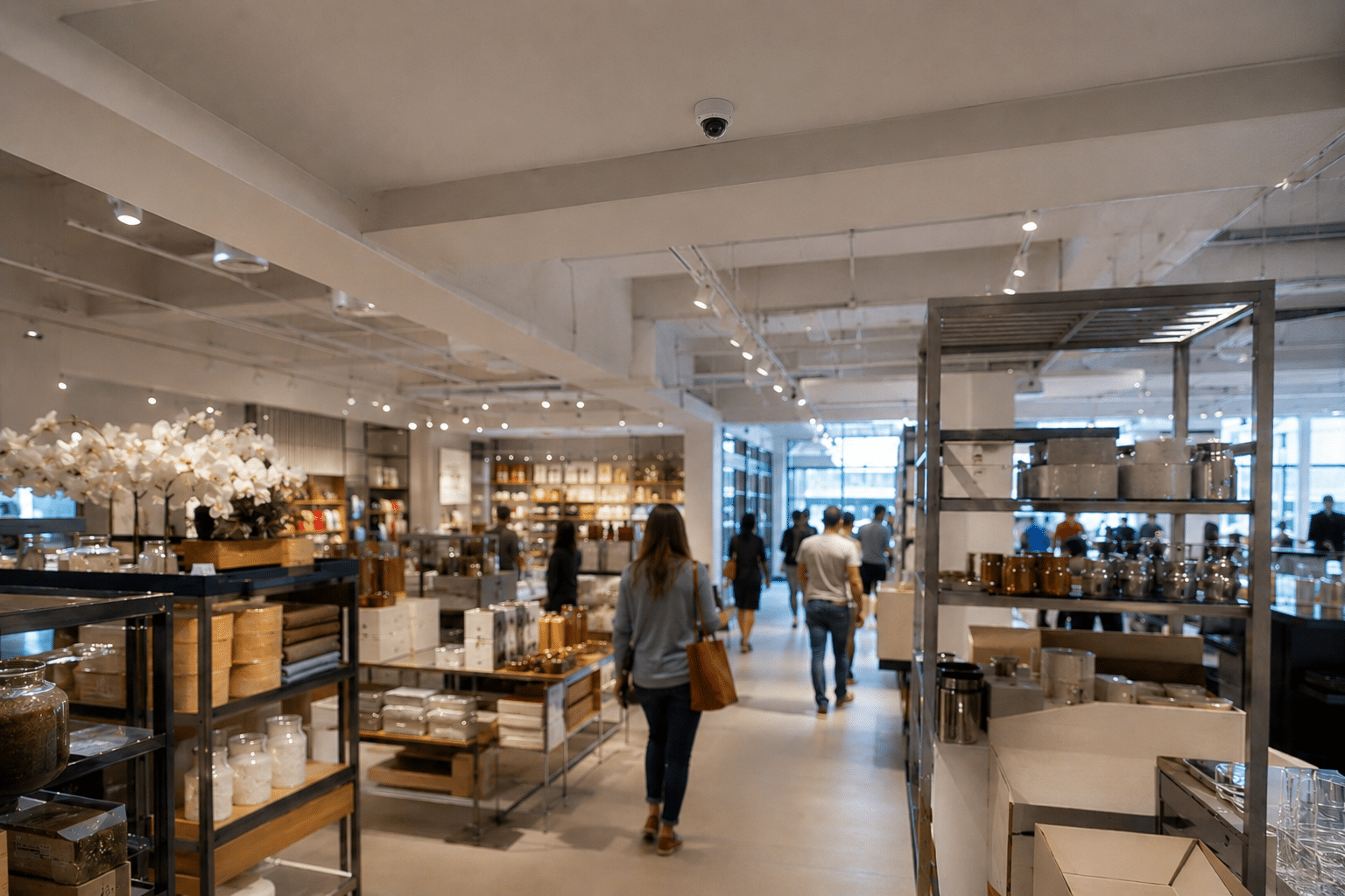 Overhead Bosch beveiligingscamera in een moderne retailwinkel die bezoekersstromen monitort terwijl klanten door de winkel lopen.